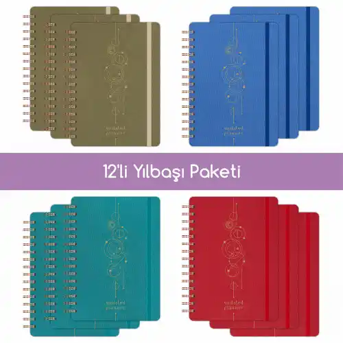12li Tarihsiz Planlayıcı Ajanda Yılbaşı Hediye Seti - 15x21 cm - Kumaş Kapak