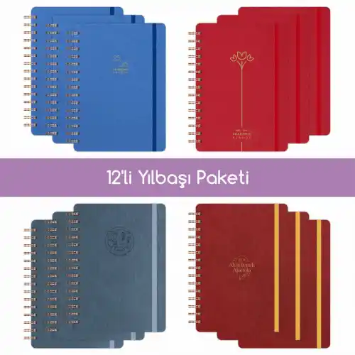 12li Akademik Ajanda Hediye Seti - 15x21 cm - Kumaş ve Vegan Deri
