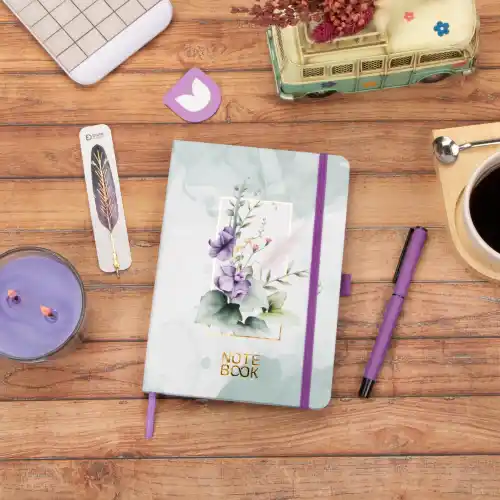 13,5x20 cm Sert Kapak Noktalı Not Okul Defteri - Mor Çiçekli