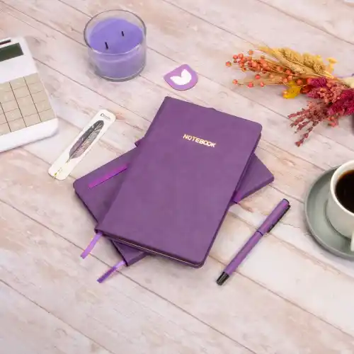 13x21 cm Deri Sert Kapak Noktalı Not Okul Defteri - Mor