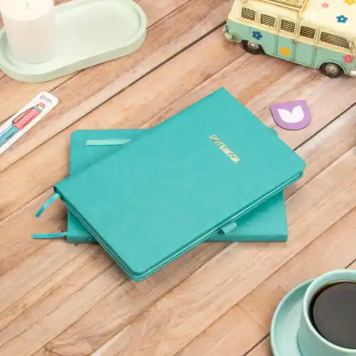 13x21 cm Deri Sert Kapak Noktalı Not Okul Defteri - Turkuaz