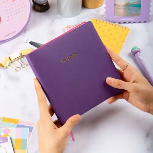 16,5x16,5 cm Yumuşak Vegan Deri Kapak Noktalı Not Okul Defteri - Mor