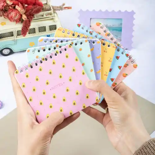 10x10 cm Spiralli Cep Defteri 6lı Set – Karton Kapak Mini Not Defteri – Meyve Desenli