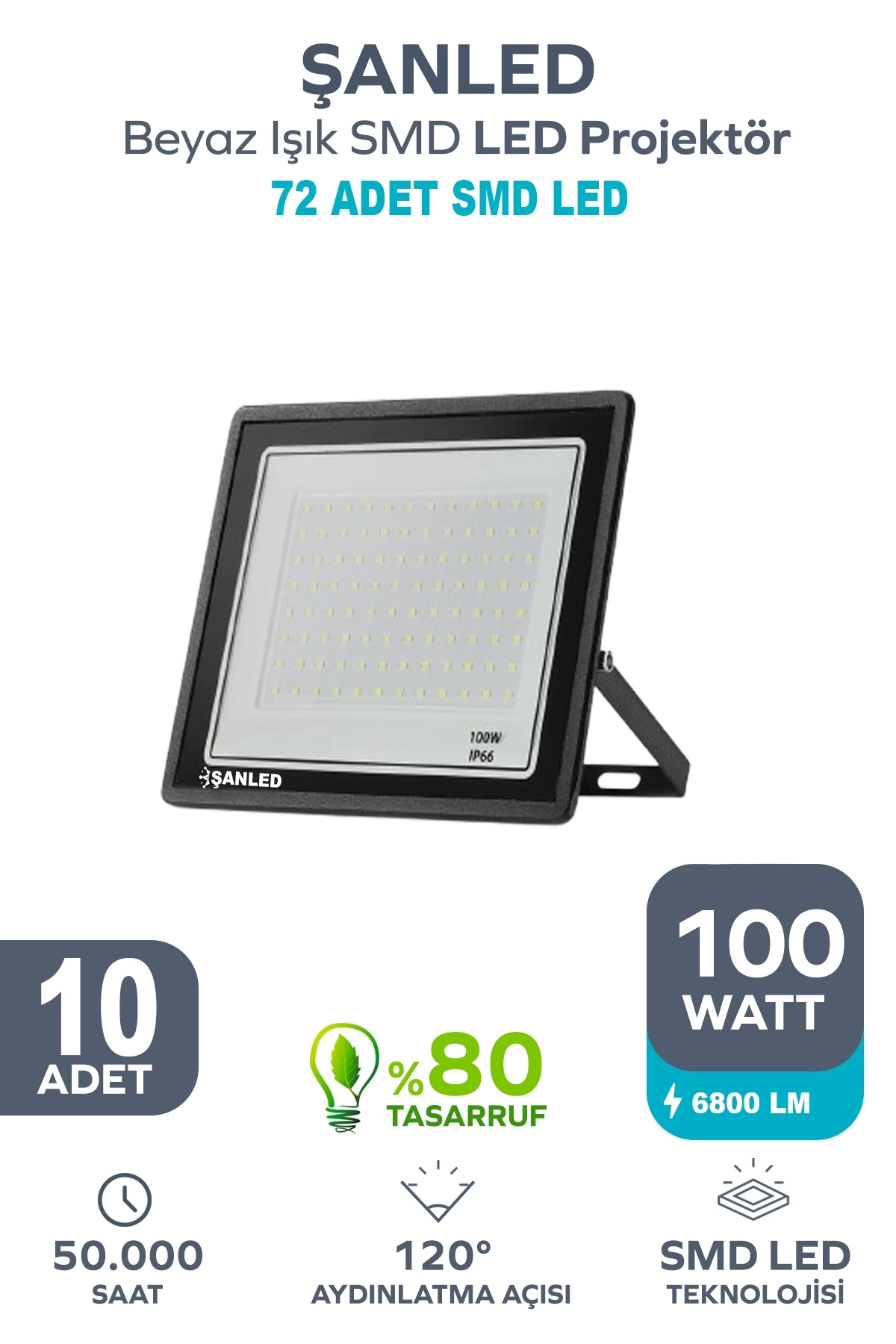 100W 6800 Lümen 6500K Beyaz Işık Smd LED Projektör 10 ADET