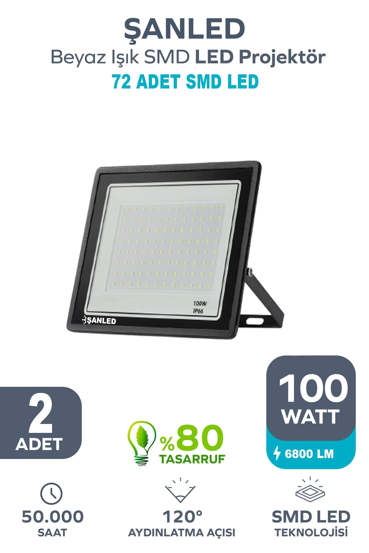 100W 6800 Lümen 6500K Beyaz Işık Smd LED Projektör 2 ADET