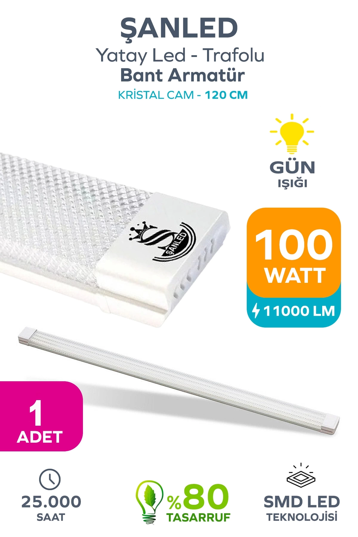 100wat 120 Cm Kristal Yatay Led Bant Armatür-trafolu Gün Işığı 1 Adettir