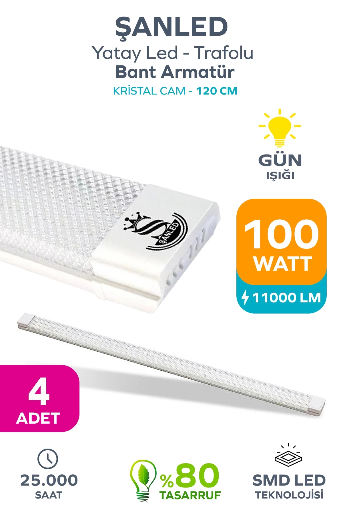 100wat 120 Cm Kristal Yatay Led Bant Armatür-trafolu Gün Işığı 4 Adettir