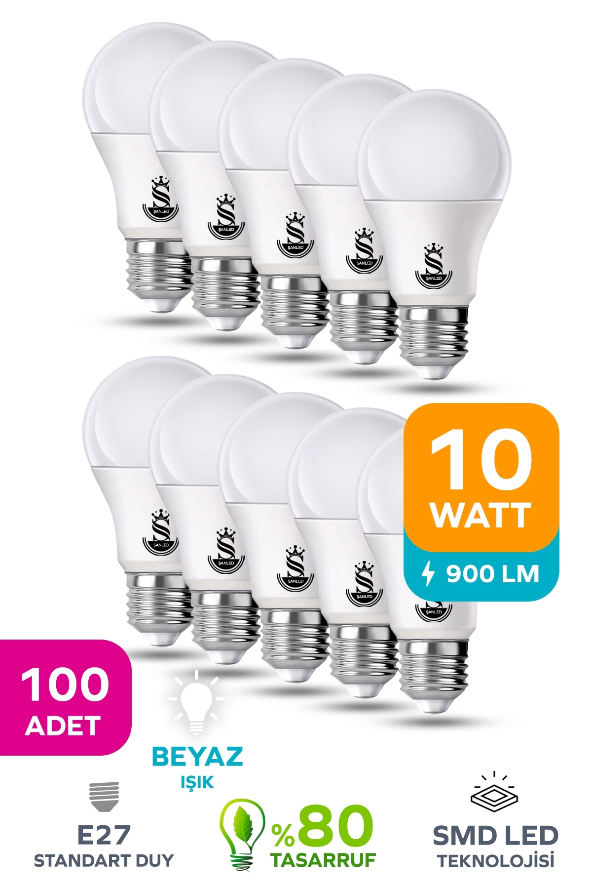 10W Tasarruflu Beyaz Işık Led Ampul 100 Adet
