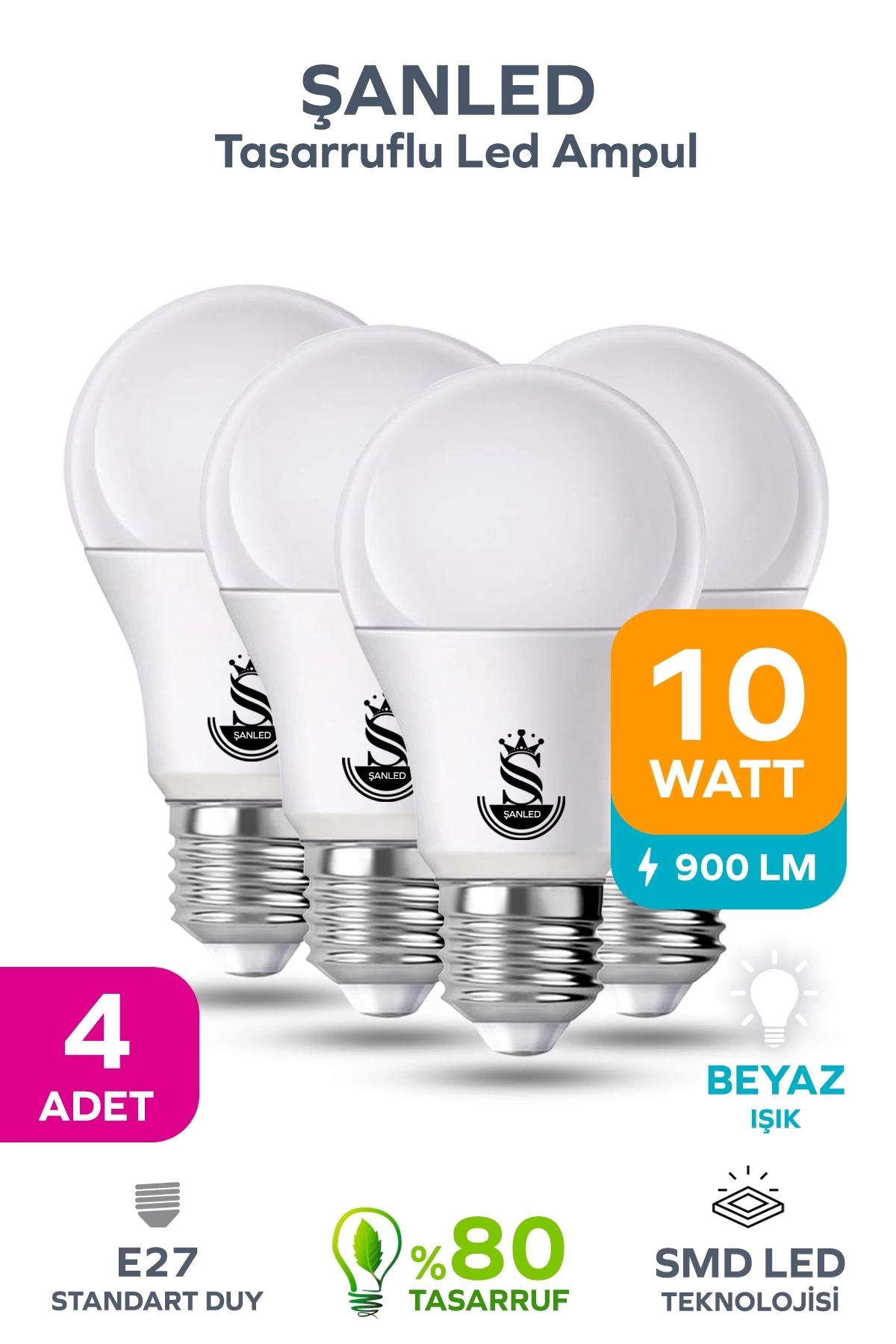 10W Tasarruflu Beyaz Işık Led Ampul 4 Adet