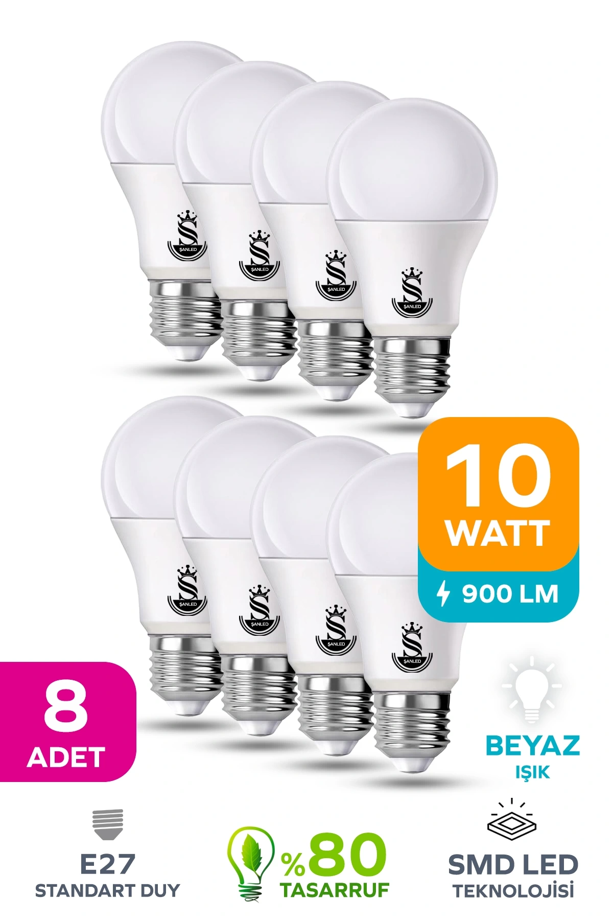10W Tasarruflu Beyaz Işık Led Ampul 8 Adet