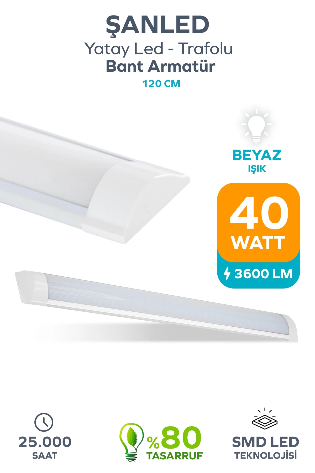 120 Cm 40 Watt Yatay Led Bant Armatür-trafolu Beyaz Işık 1 Adet