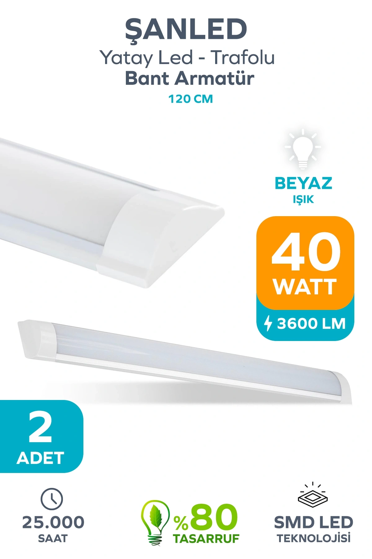 120 Cm 40 Watt Yatay Led Bant Armatür-trafolu Beyaz Işık 2 Adet
