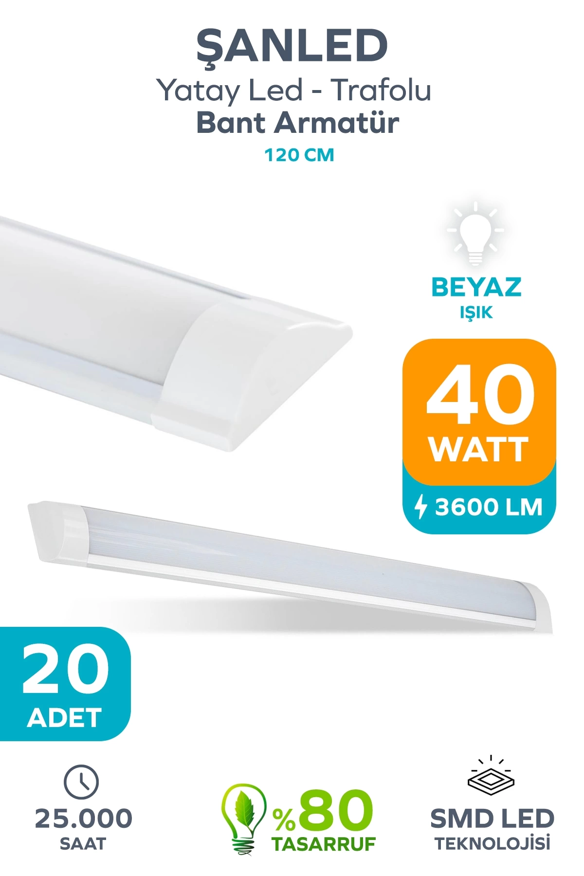 120 Cm 40 Watt Yatay Led Bant Armatür-trafolu Beyaz Işık 20 Adet
