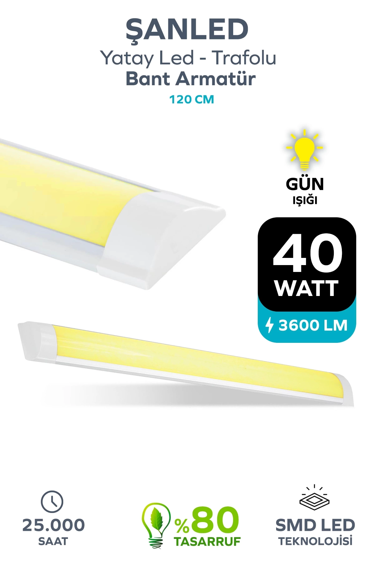 120 Cm 40 Watt Yatay Led Bant Armatür-trafolu Gün Işığı 1 Adet