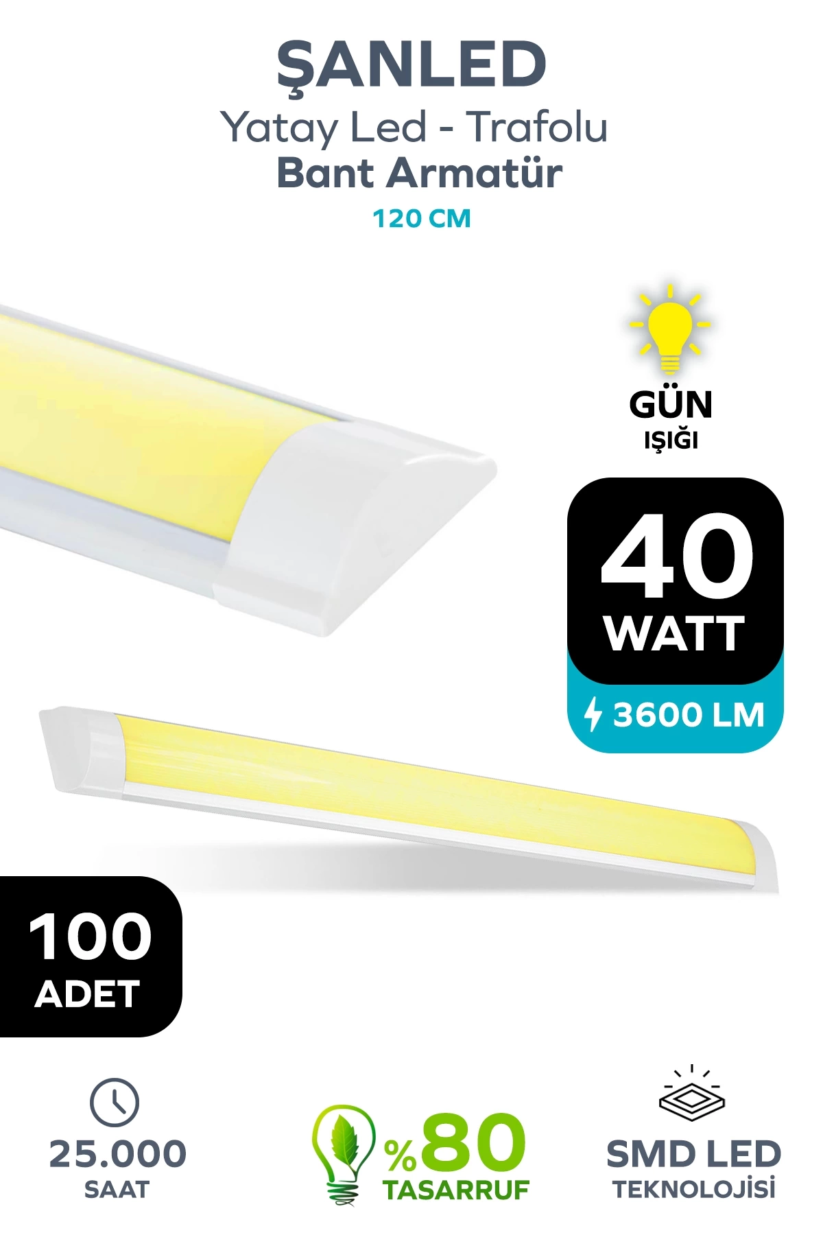 120 Cm 40 Watt Yatay Led Bant Armatür-trafolu Gün Işığı 100 Adet