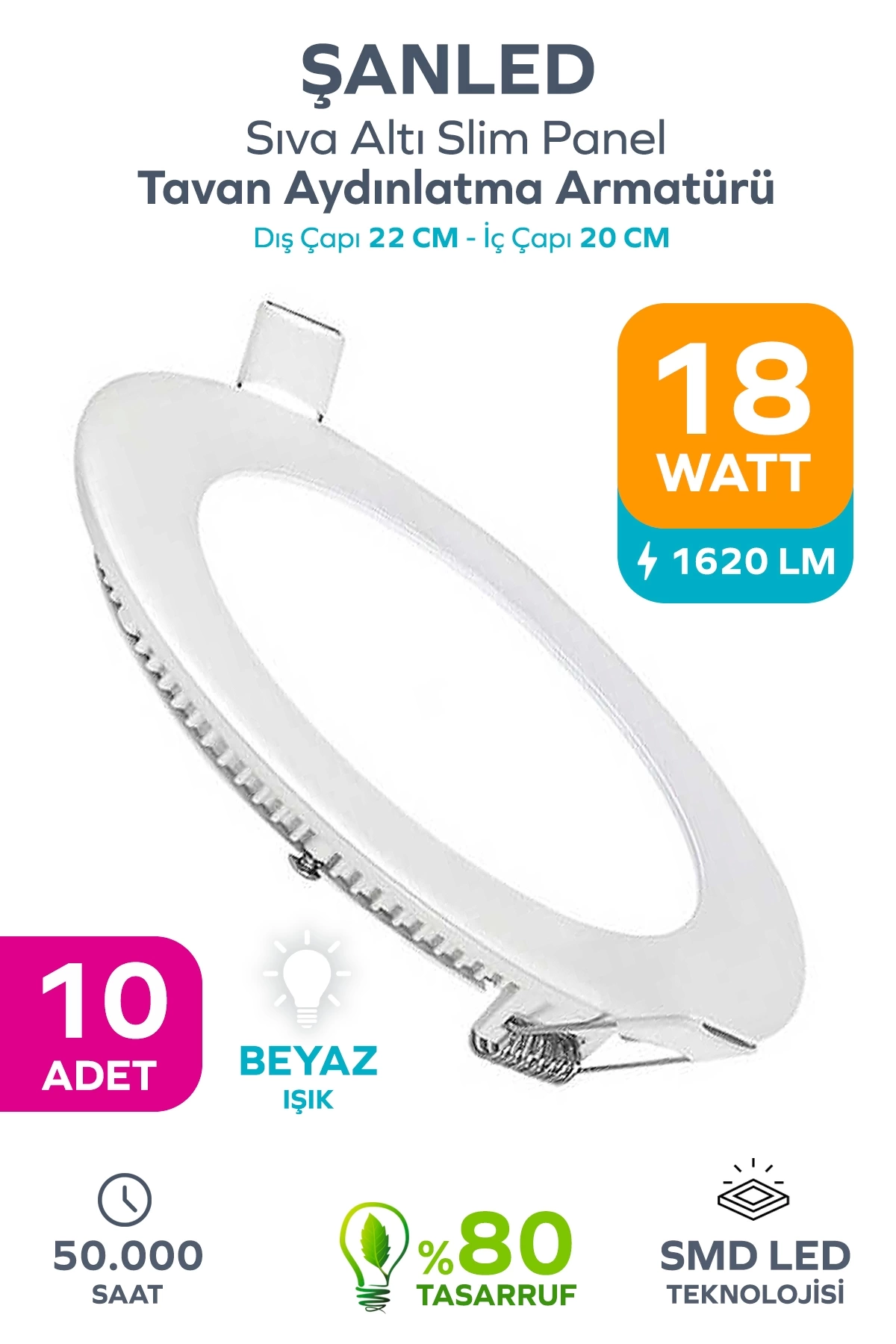 18w Tasarruflu Led Yuvarlak Beyaz Işık Sıva Altı Slim Panel Tavan Aydınlatma Armatürü 10 Adet