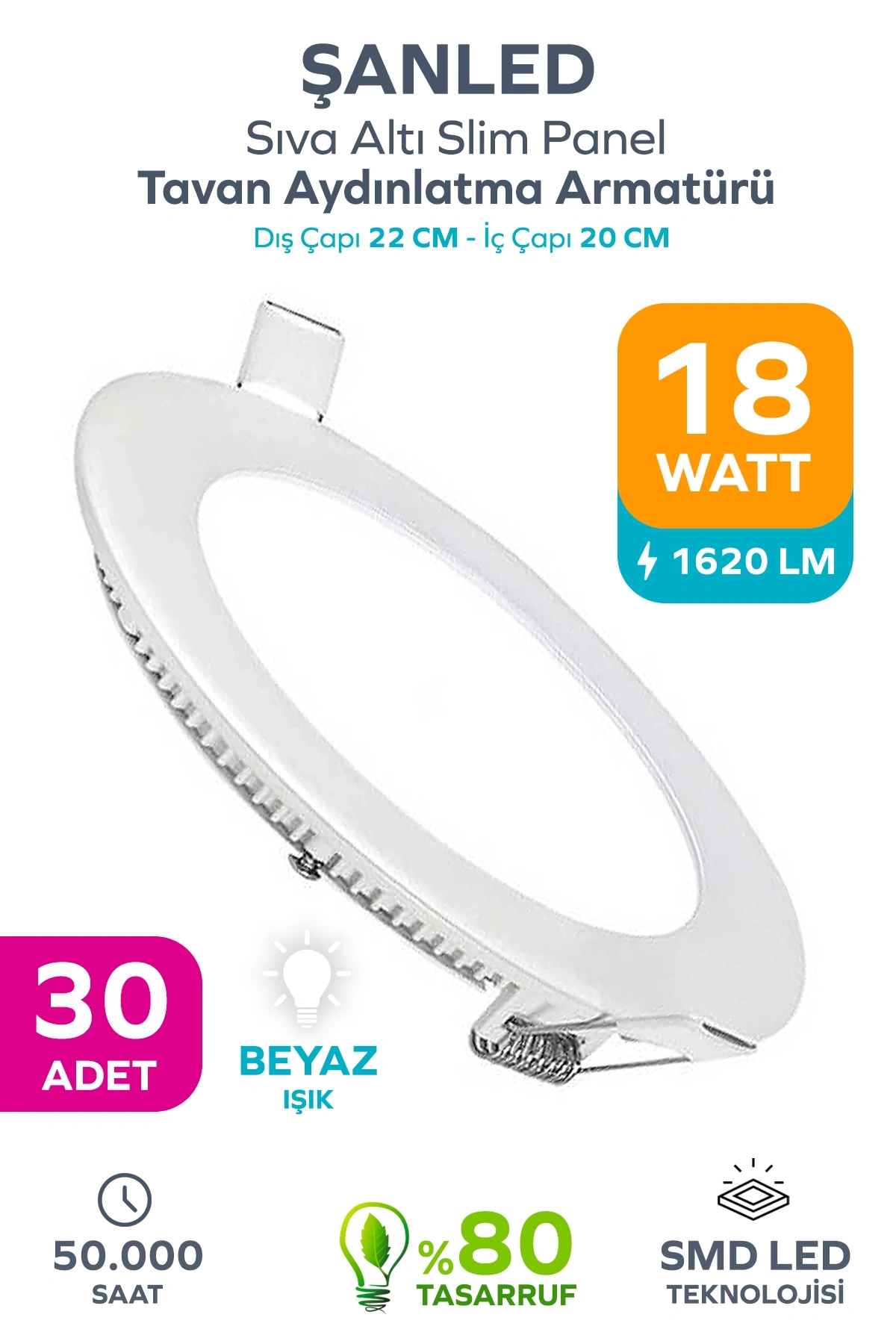 18w Tasarruflu Led Yuvarlak Beyaz Işık Sıva Altı Slim Panel Tavan Aydınlatma Armatürü 30 Adet