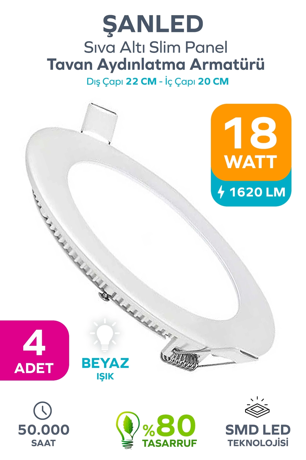18w Tasarruflu Led Yuvarlak Beyaz Işık Sıva Altı Slim Panel Tavan Aydınlatma Armatürü 4 Adet