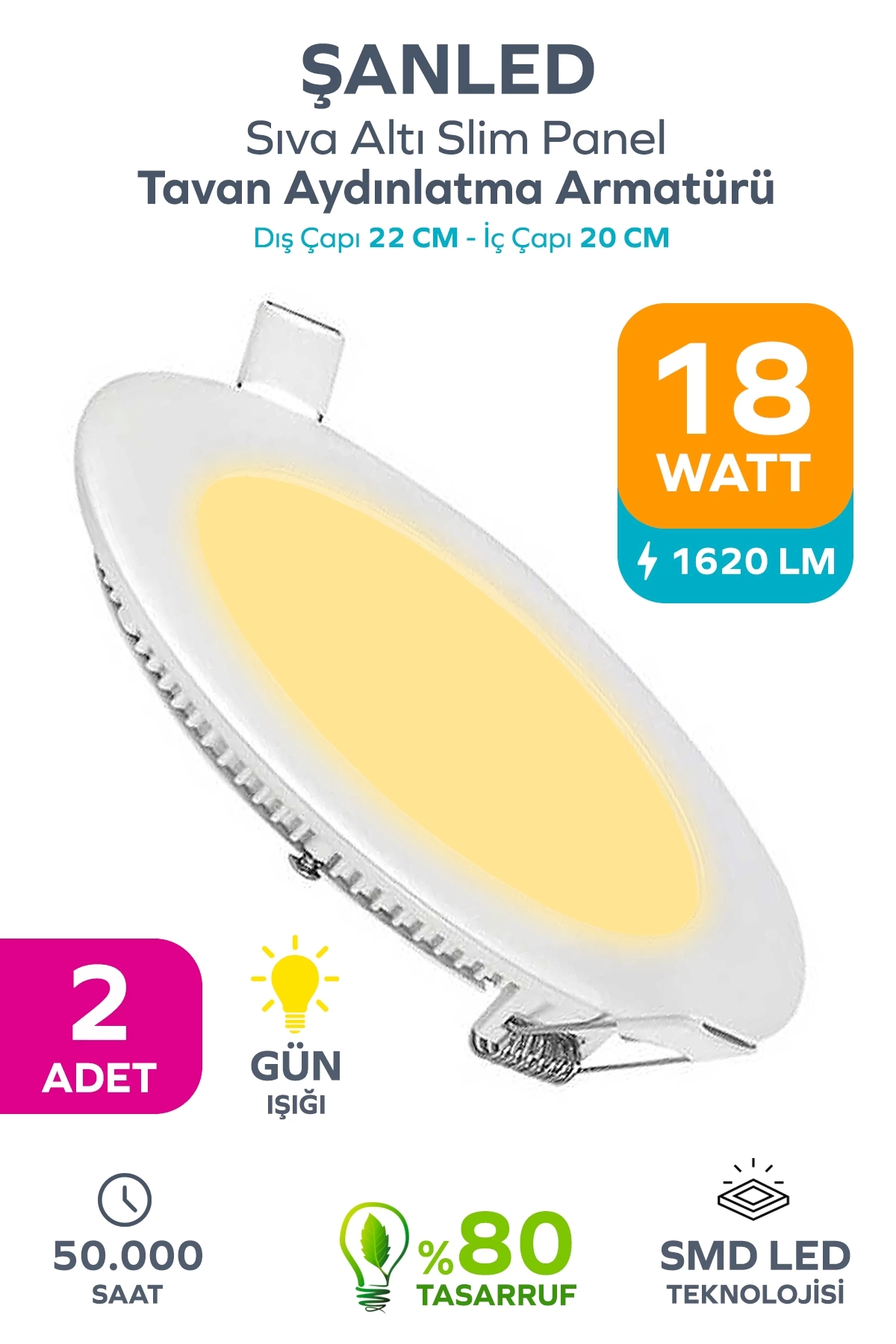 18w Tasarruflu Led Yuvarlak Gün Işığı Sıva Altı Slim Panel Tavan Aydınlatma Armatürü 2 Adet
