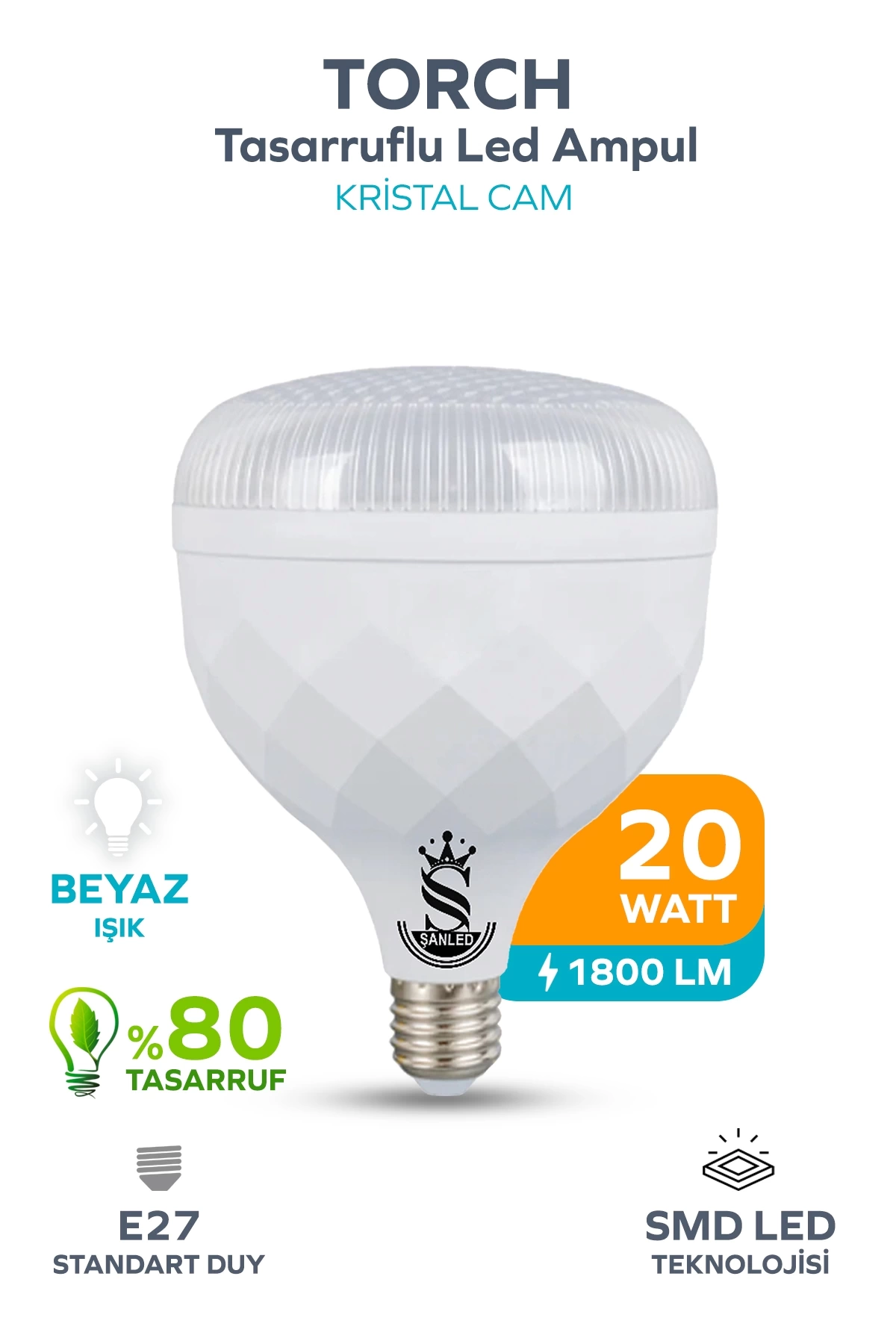 20W KRİSTAL Tasarruflu E27 Beyaz Işık Torch Led Ampul 1 Adet