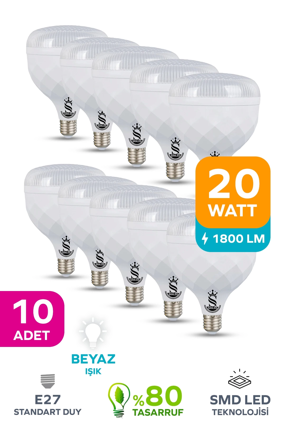 20W KRİSTAL Tasarruflu E27 Beyaz Işık Torch Led Ampul 10 Adet