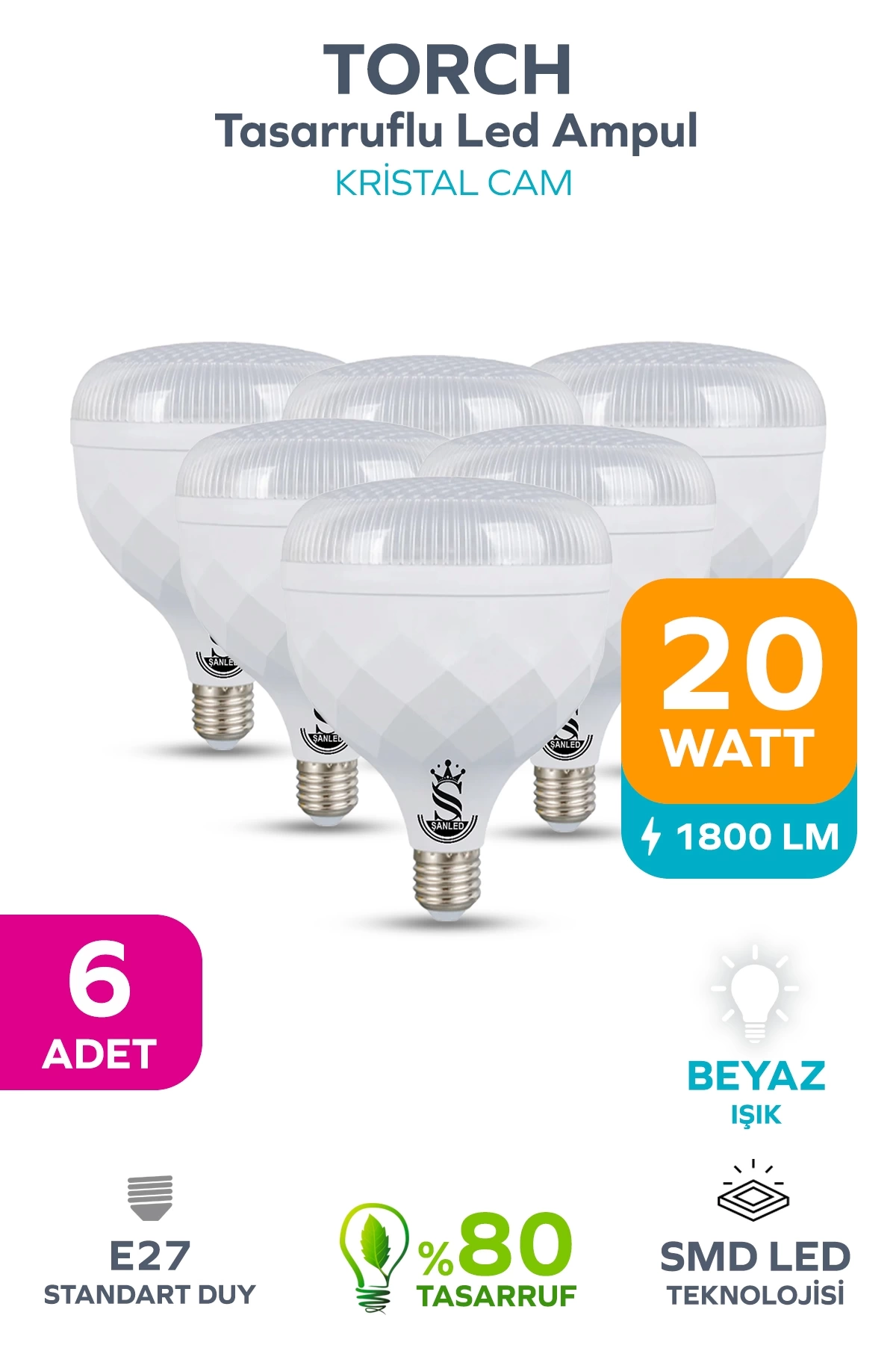 20W KRİSTAL Tasarruflu E27 Beyaz Işık Torch Led Ampul 6 Adet