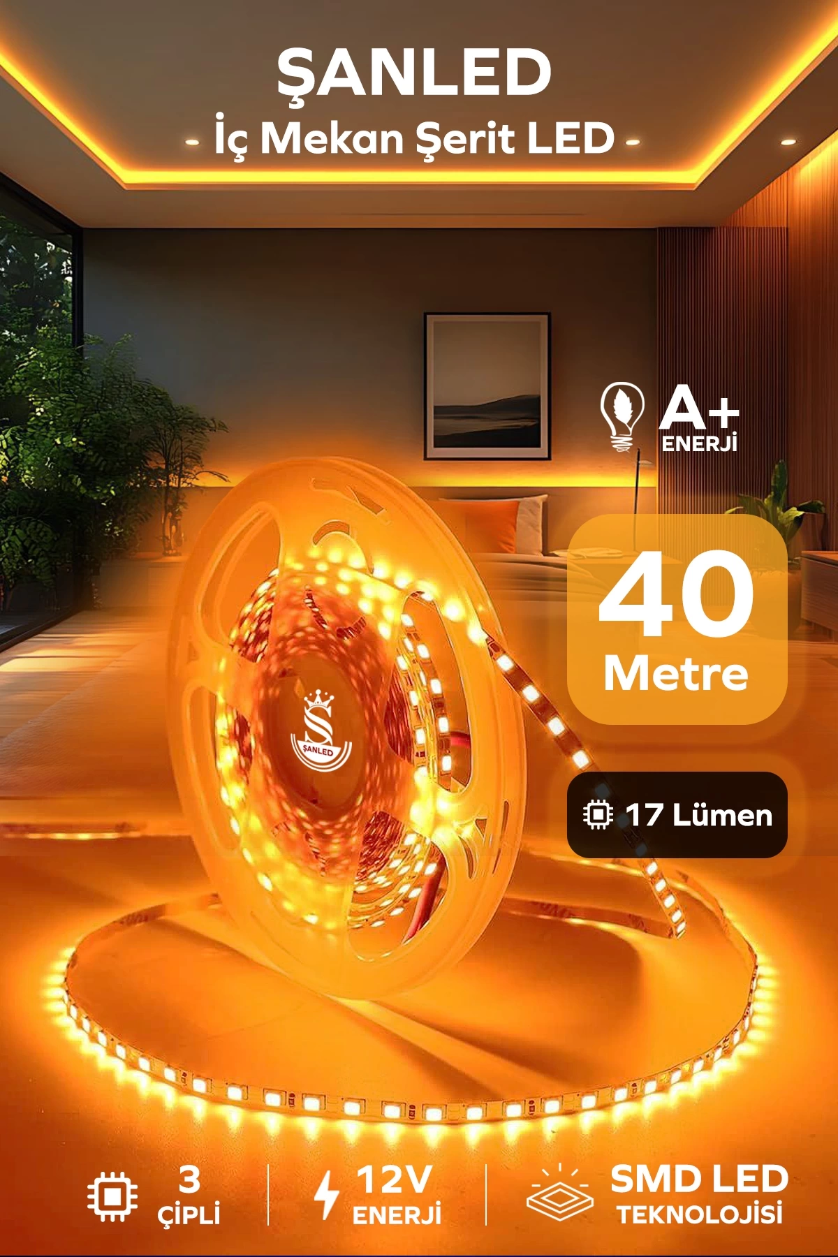 3 Çipli Iç Mekan Amber Rengi Şerit Led 40 Metre