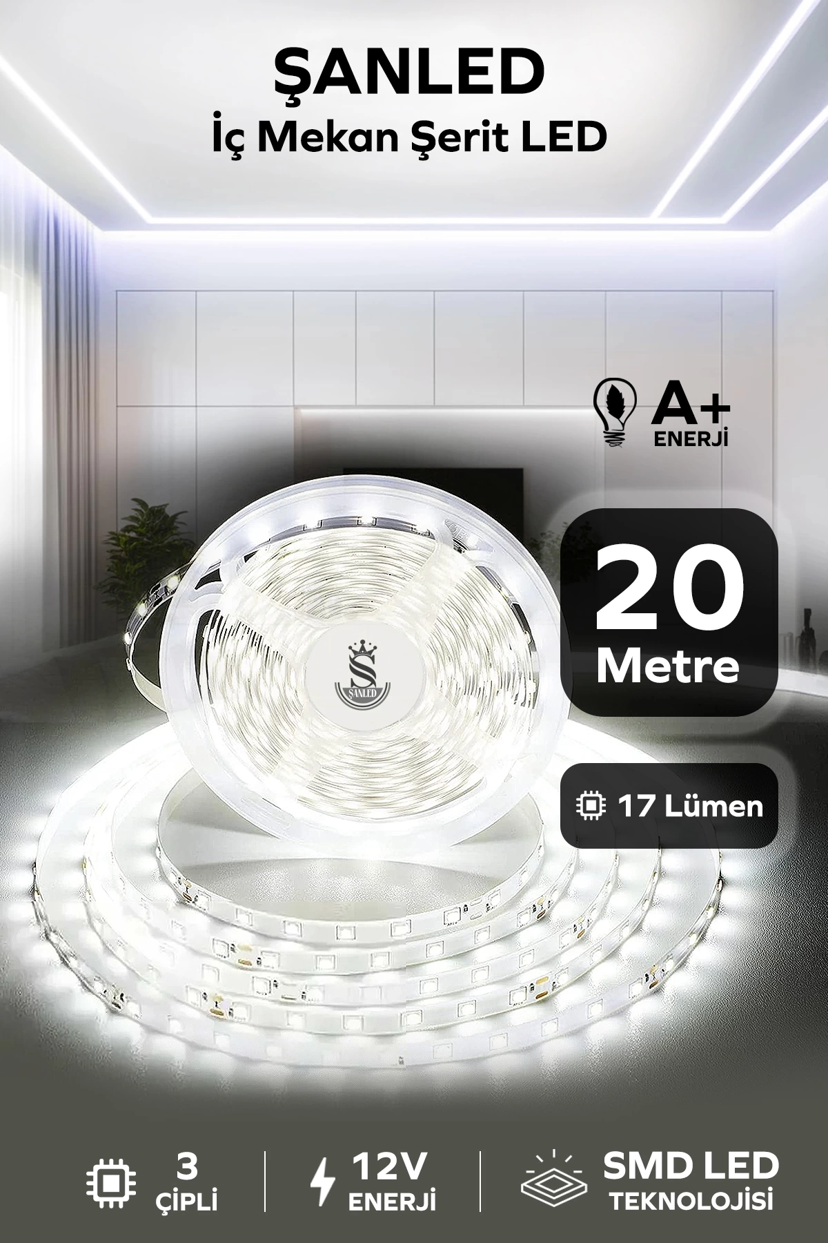 3 Çipli Iç Mekan Beyaz Işık Şerit Led 20 Metre