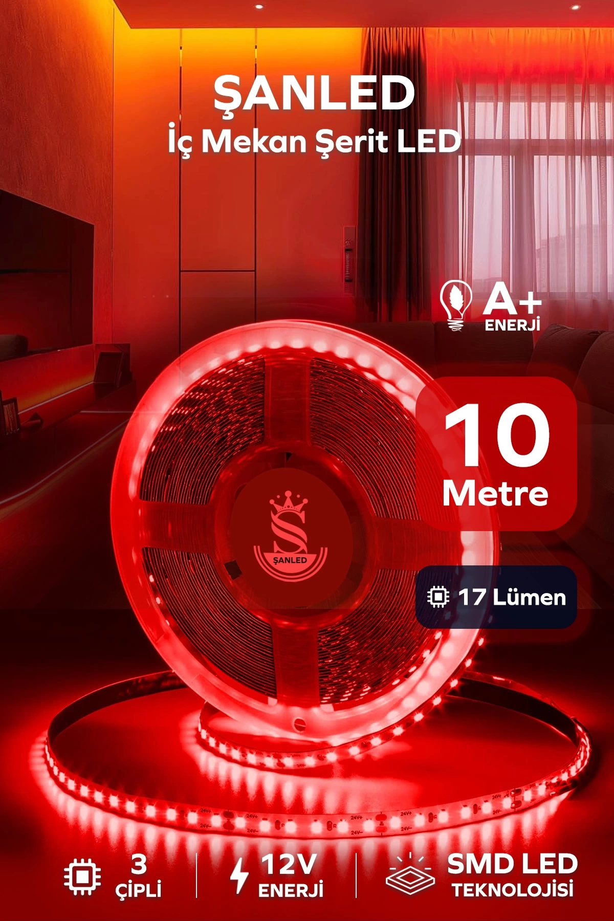 3 Çipli Iç Mekan Kırmızı Şerit Led 10 Metre