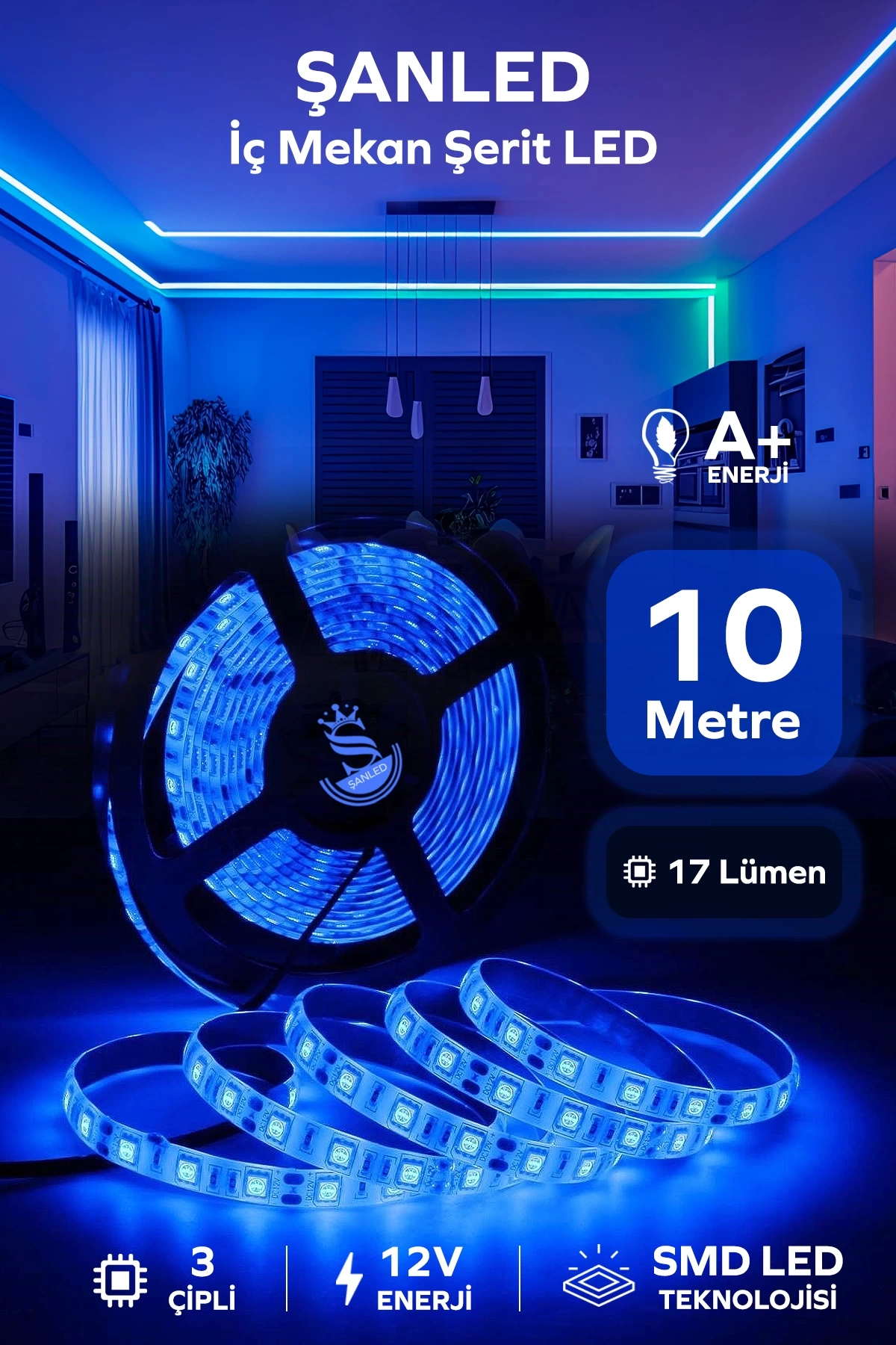 3 Çipli Iç Mekan Mavi Şerit Led 10 Metre