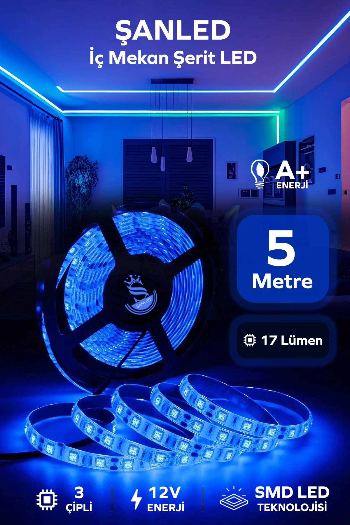 3 Çipli Iç Mekan Mavi Şerit Led 5 Metre