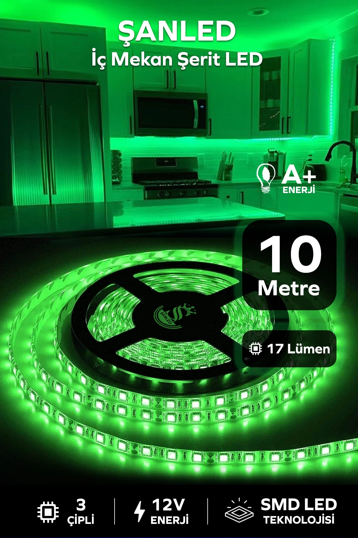 3 Çipli Iç Mekan Yeşil Şerit Led 10 Metre