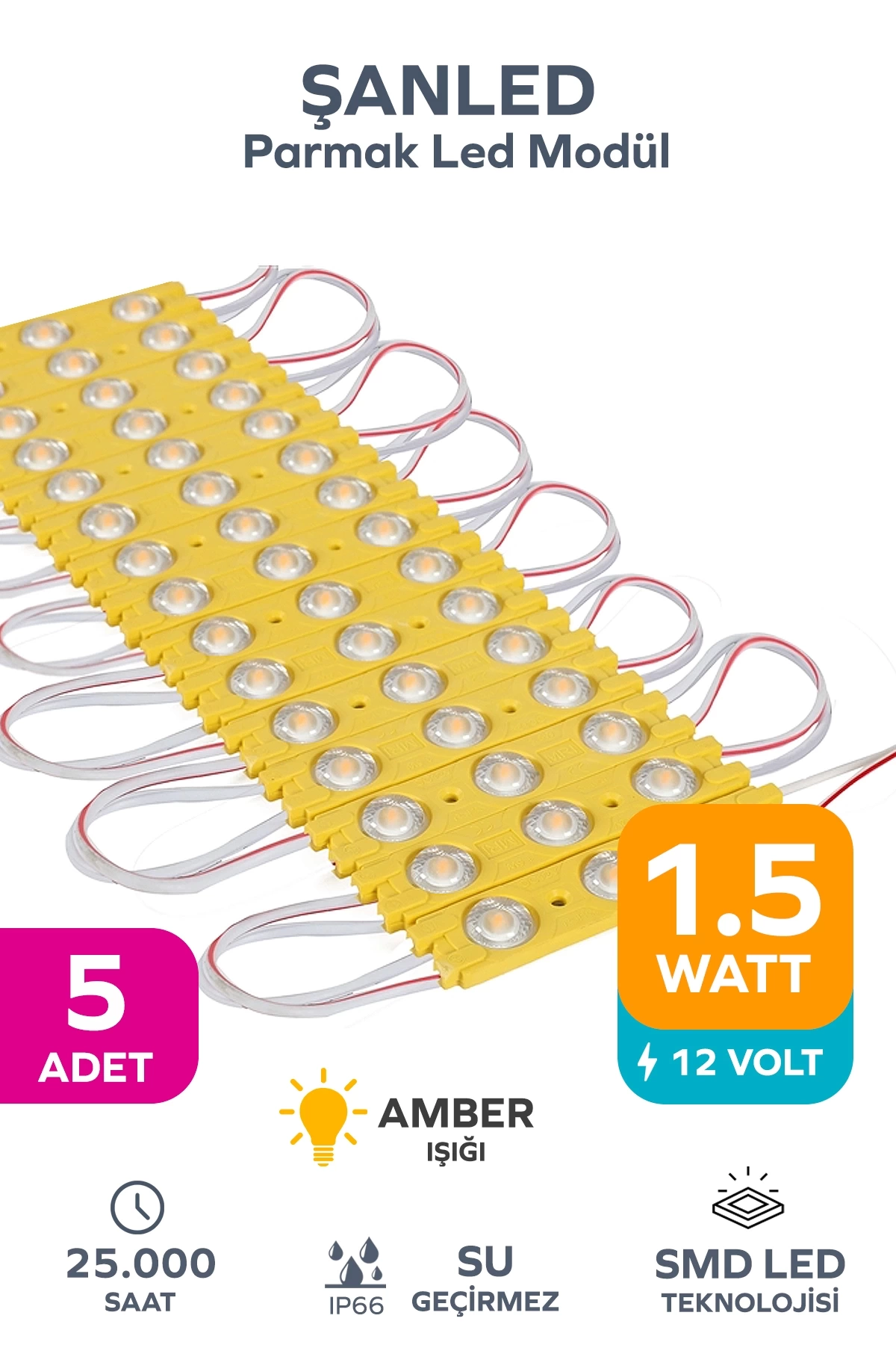 3 Ledli Parmak Led Modül 1.5w 2835 Smd Mercekli Amber - 5 Adet