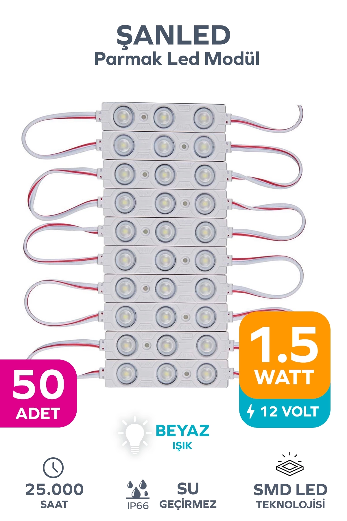 3 Ledli Parmak Led Modül 1.5w 2835 Smd Mercekli Beyaz - 50 Adet