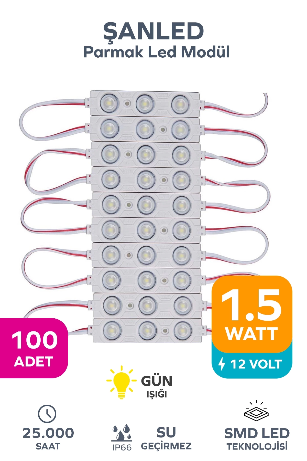 3 Ledli Parmak Led Modül 1.5w 2835 Smd Mercekli Gün Işığı - 100 Adet