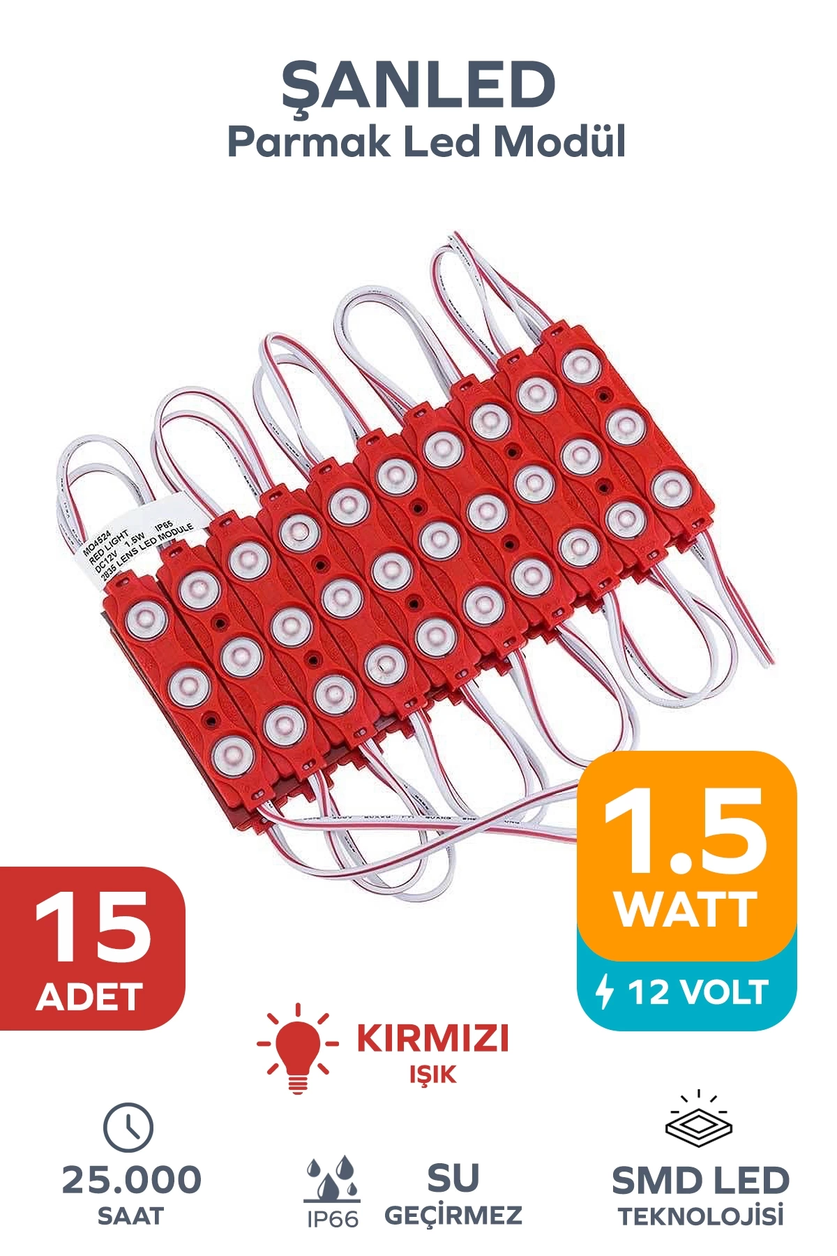 3 Ledli Parmak Led Modül 1.5w 2835 Smd Mercekli Kırmızı - 15 Adet