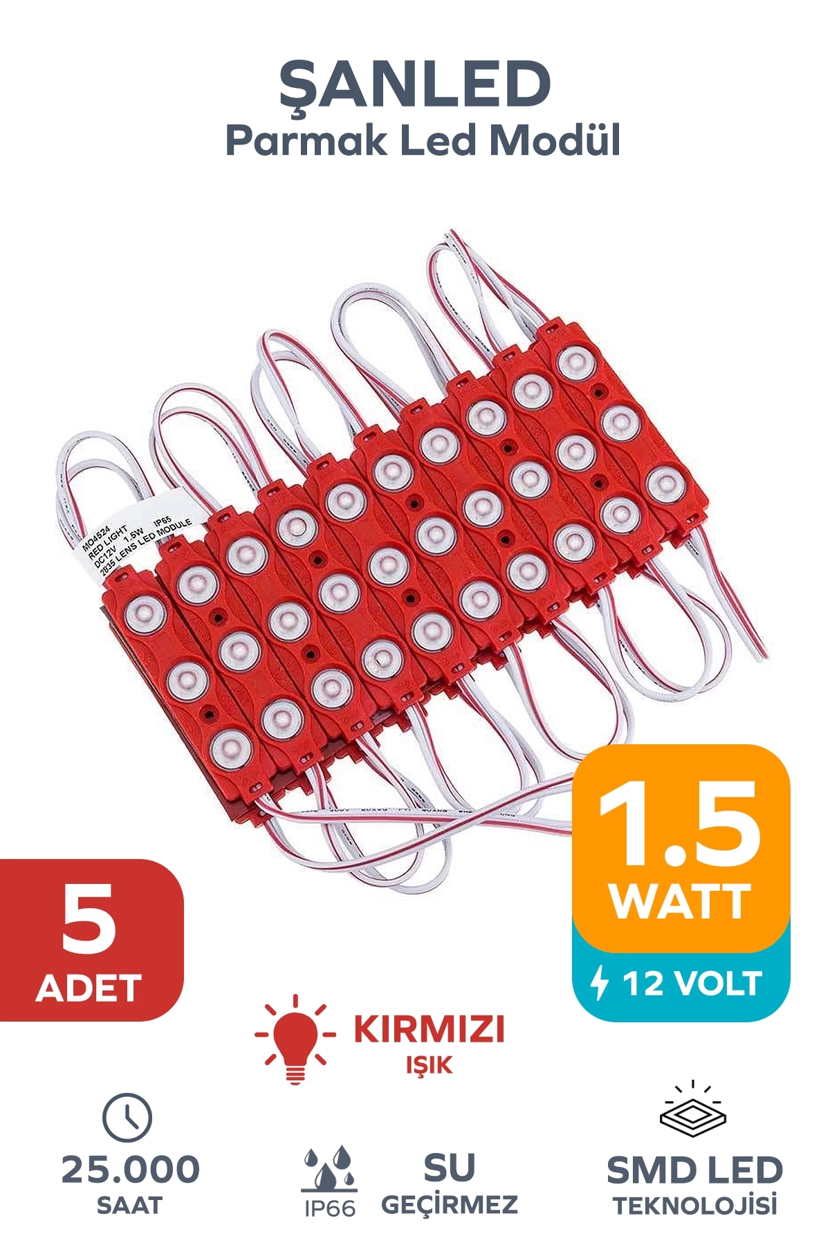 3 Ledli Parmak Led Modül 1.5w 2835 Smd Mercekli Kırmızı - 5 Adet