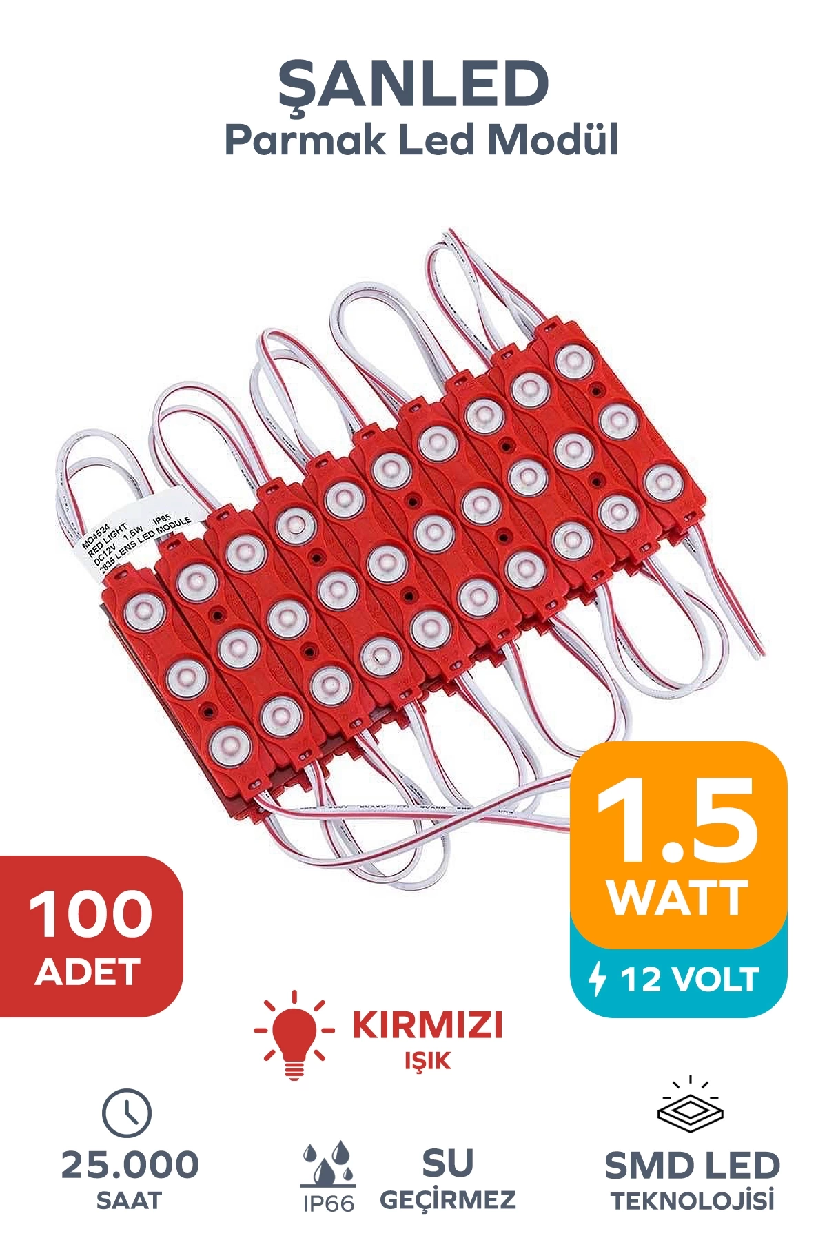 3 Ledli Parmak Led Modül 1.5w 2835 Smd Mercekli Kırmızı - 100 Adet