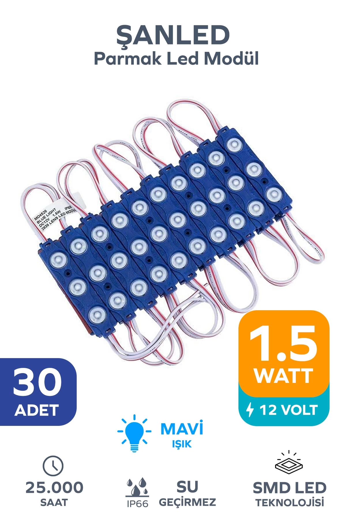 3 Ledli Parmak Led Modül 1.5w 2835 Smd Mercekli Mavi - 30 Adet