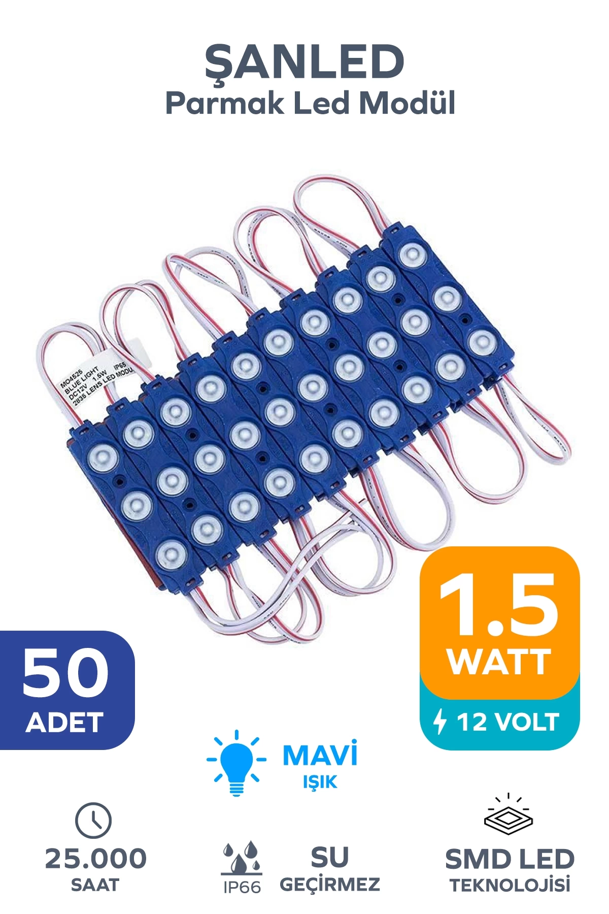 3 Ledli Parmak Led Modül 1.5w 2835 Smd Mercekli Mavi - 50 Adet