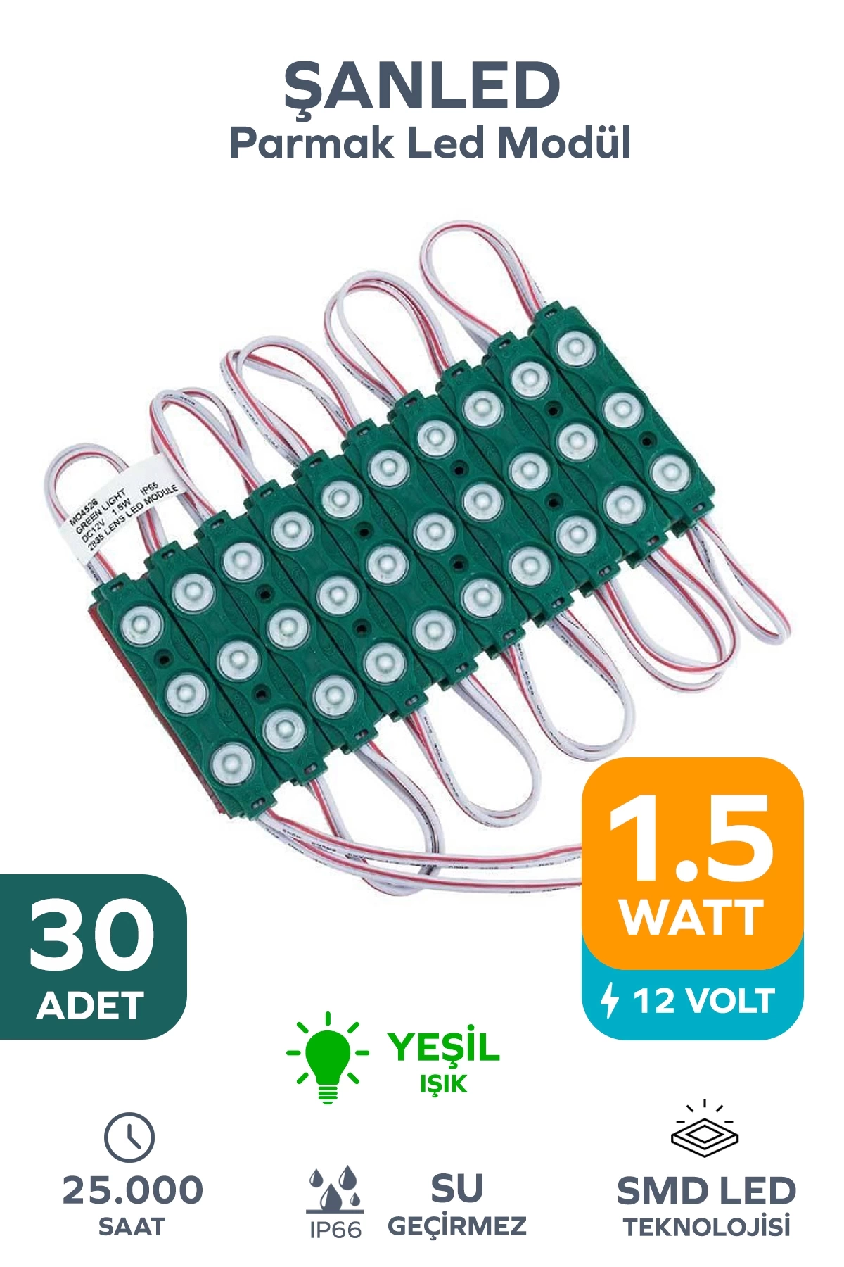 3 Ledli Parmak Led Modül 1.5w 2835 Smd Mercekli Yeşil - 30 Adet
