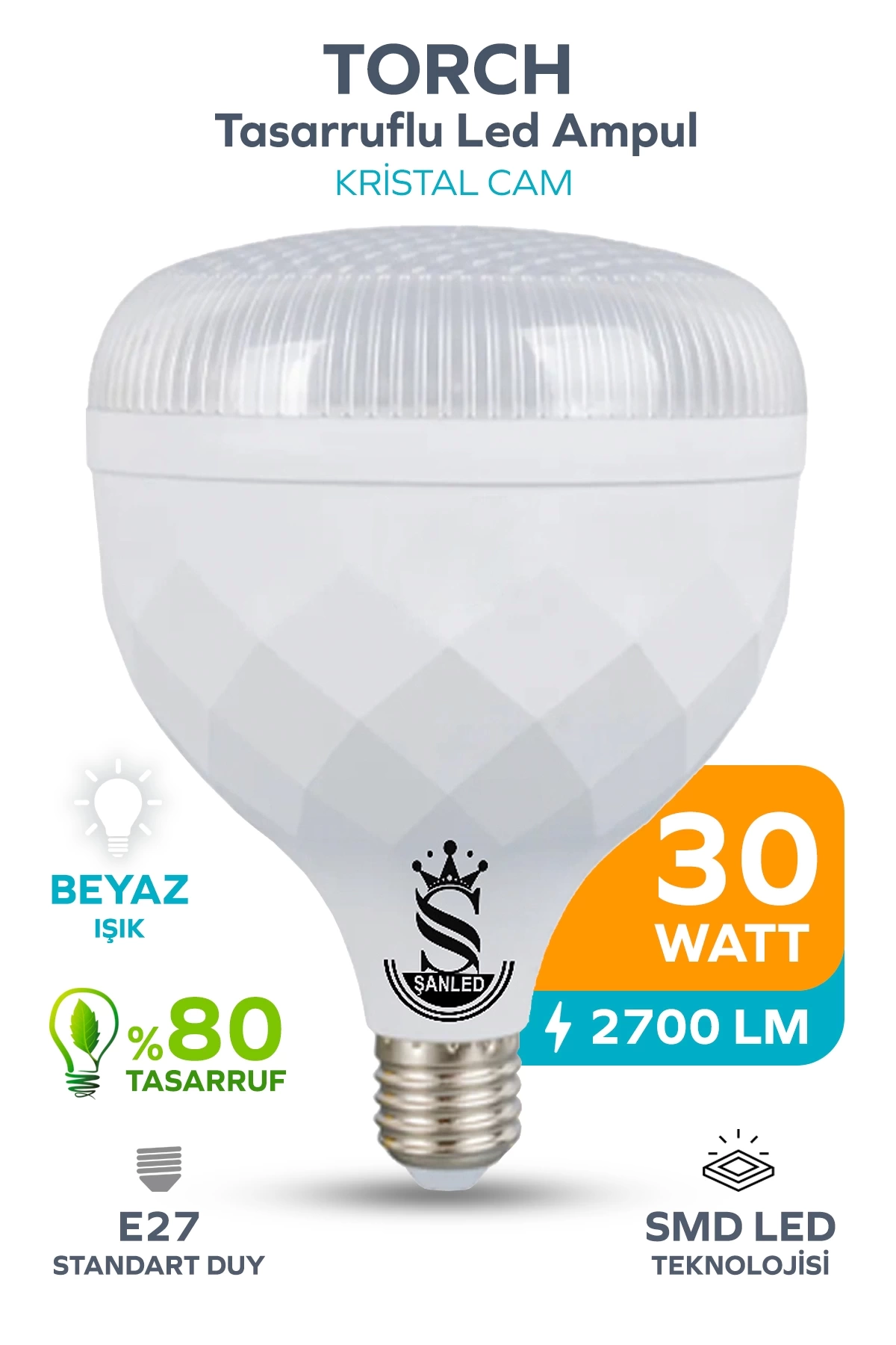 30W KRİSTAL Tasarruflu E27 Beyaz Işık Torch Led Ampul 1 Adet
