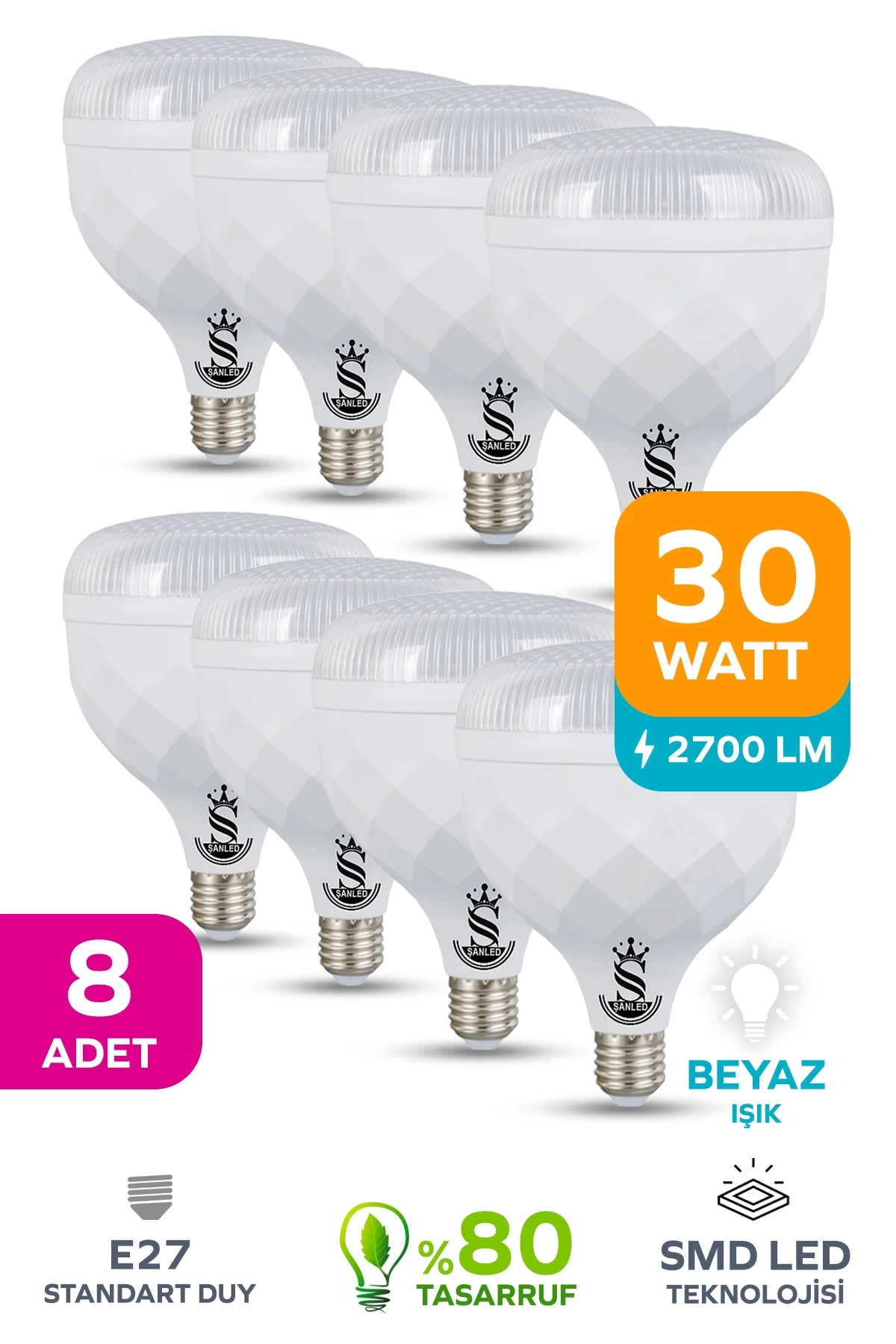 30W KRİSTAL Tasarruflu E27 Beyaz Işık Torch Led Ampul 8 Adet
