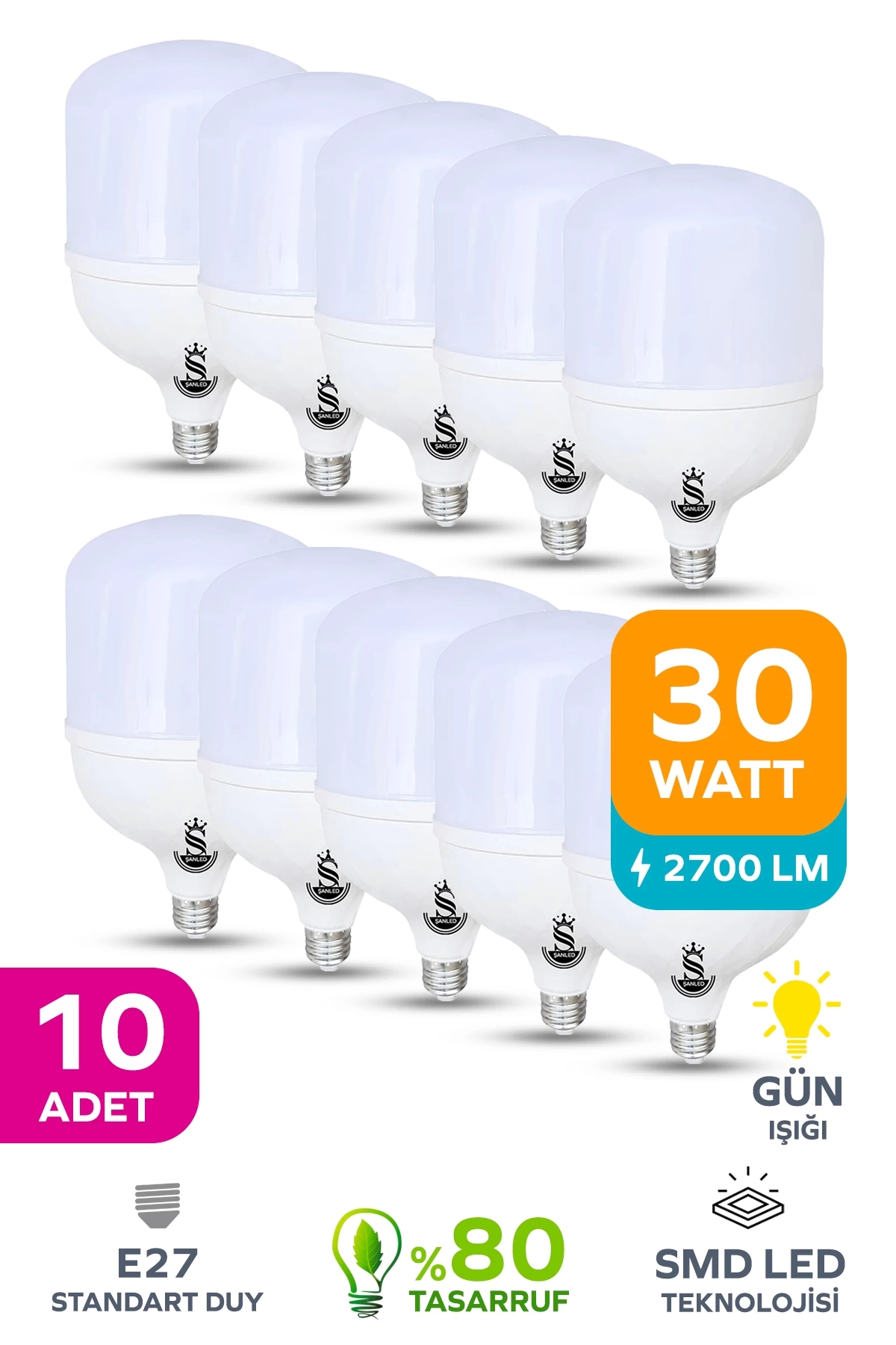 30w Tasarruflu E27 Sarı Işık Torch Led Ampul 10 Adet