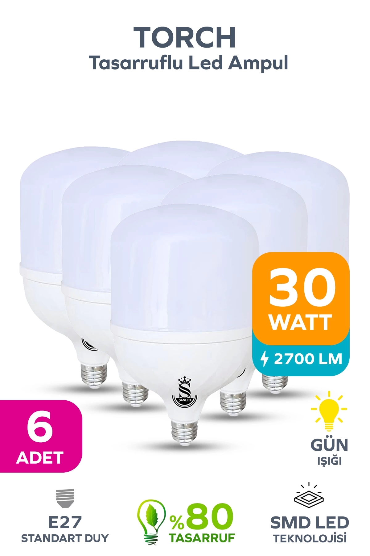 30w Tasarruflu E27 Sarı Işık Torch Led Ampul 6 Adet