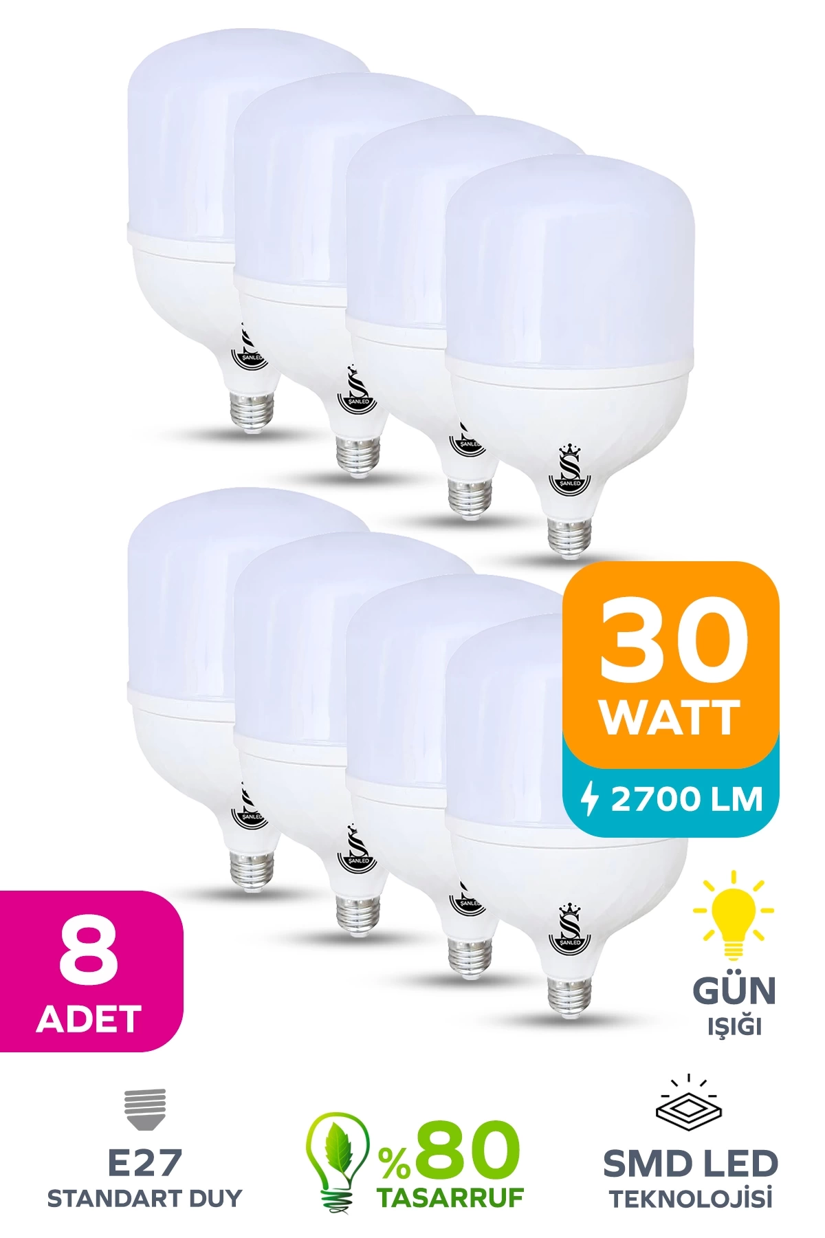 30w Tasarruflu E27 Sarı Işık Torch Led Ampul 8 Adet
