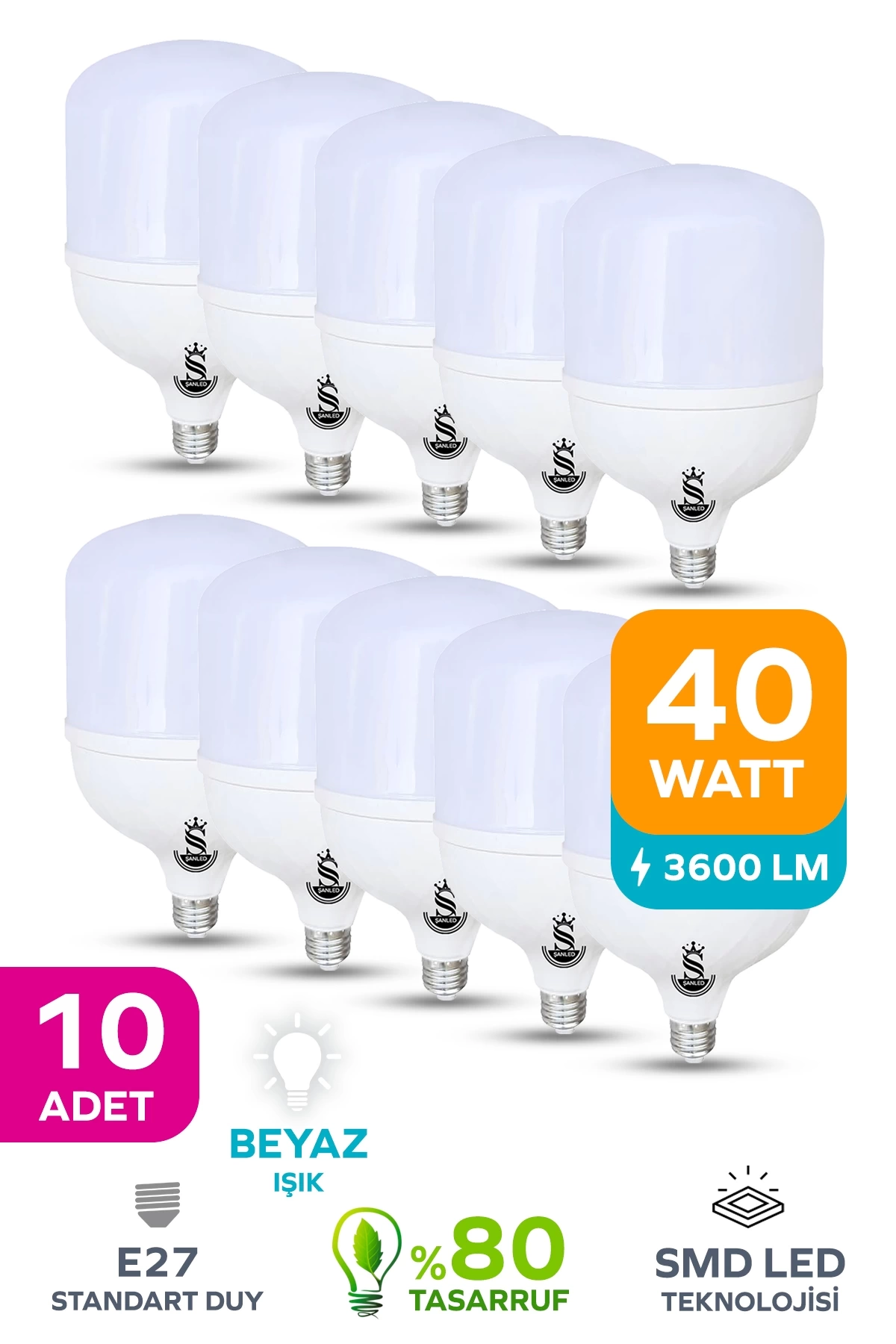 40w Tasarruflu E27 Beyaz Işık Torch Led Ampul 10 Adet