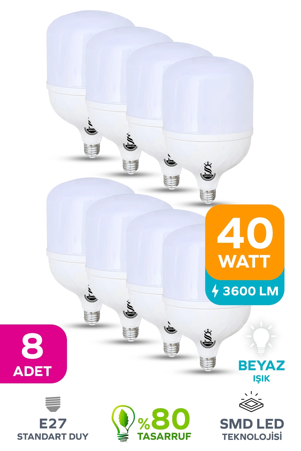 40w Tasarruflu E27 Beyaz Işık Torch Led Ampul 8 Adet