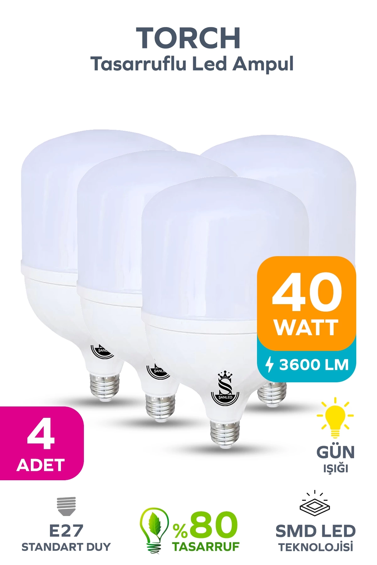 40w Tasarruflu E27 Gün Işığı Torch Led Ampul 4 Adet