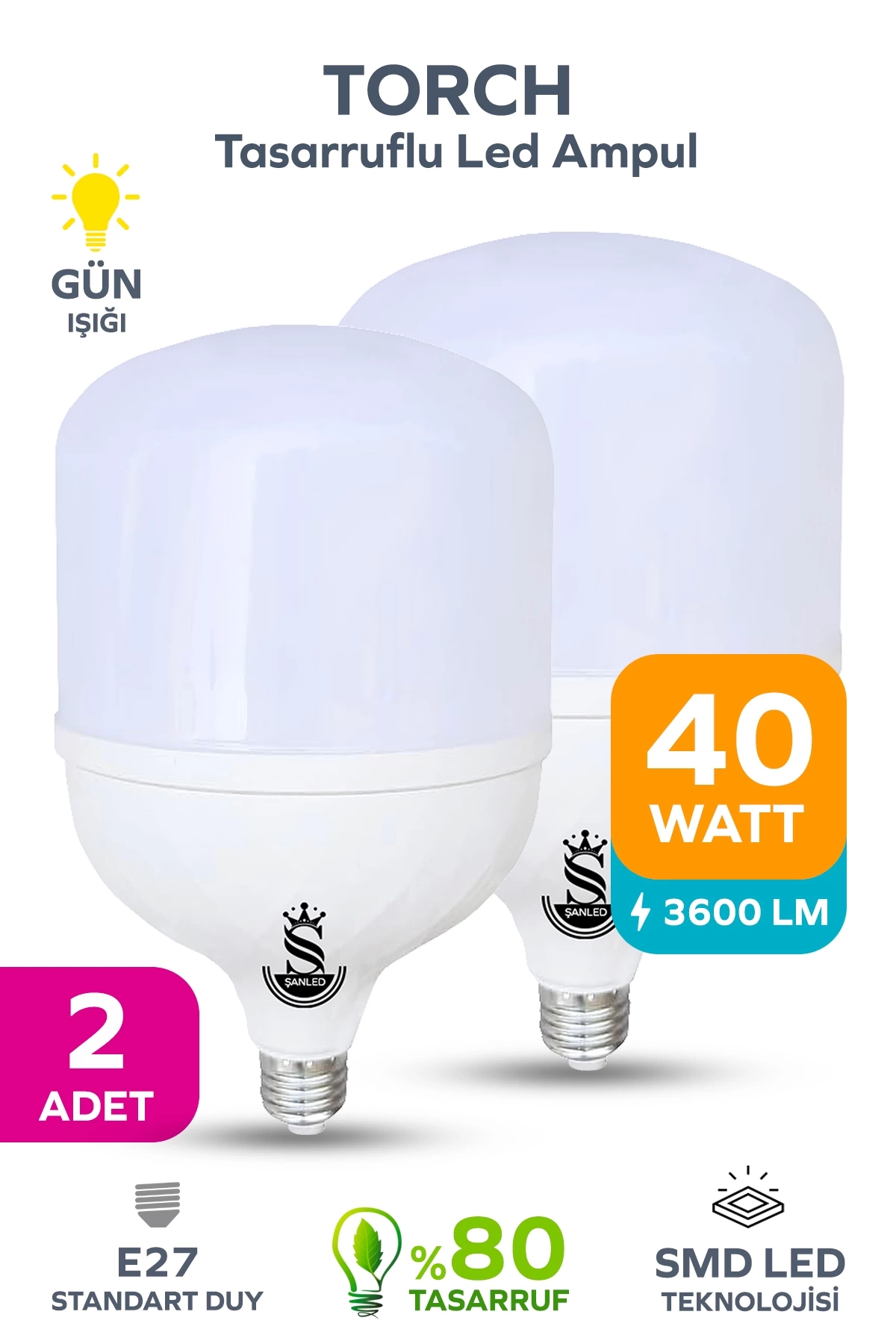 40w Tasarruflu E27 Gün Işığı Torch Led Ampul 2 Adet